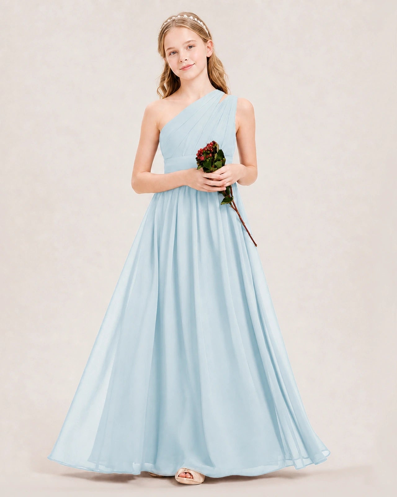Dideyttawl One Shoulder Ruched Chiffon Junior Bridesmaid Dress
