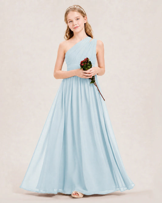 Dideyttawl One Shoulder Ruched Chiffon Junior Bridesmaid Dress