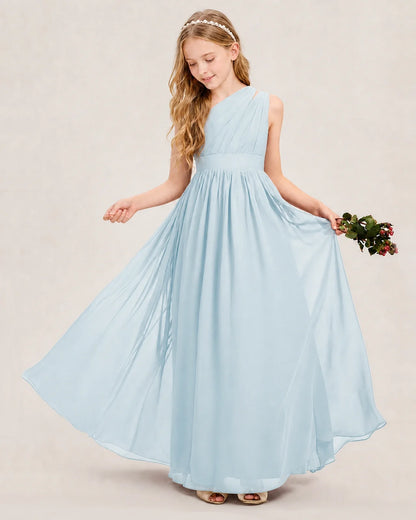 Dideyttawl One Shoulder Ruched Chiffon Junior Bridesmaid Dress