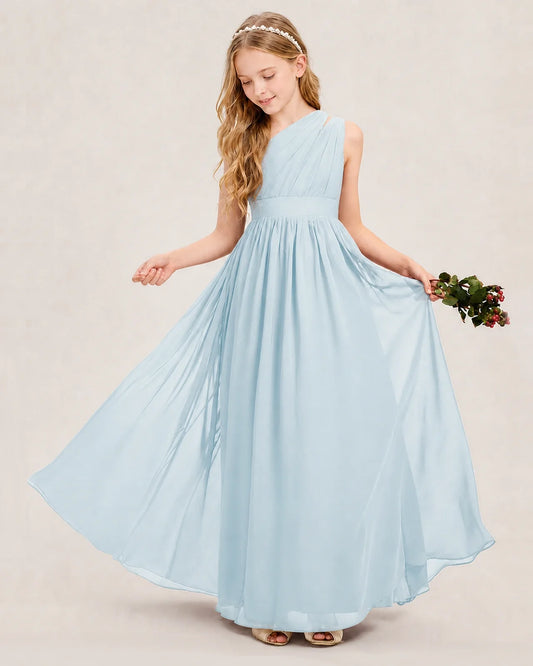 Baby Blue Chiffon One-Shoulder A-Line Junior Bridesmaid Dresses Front View