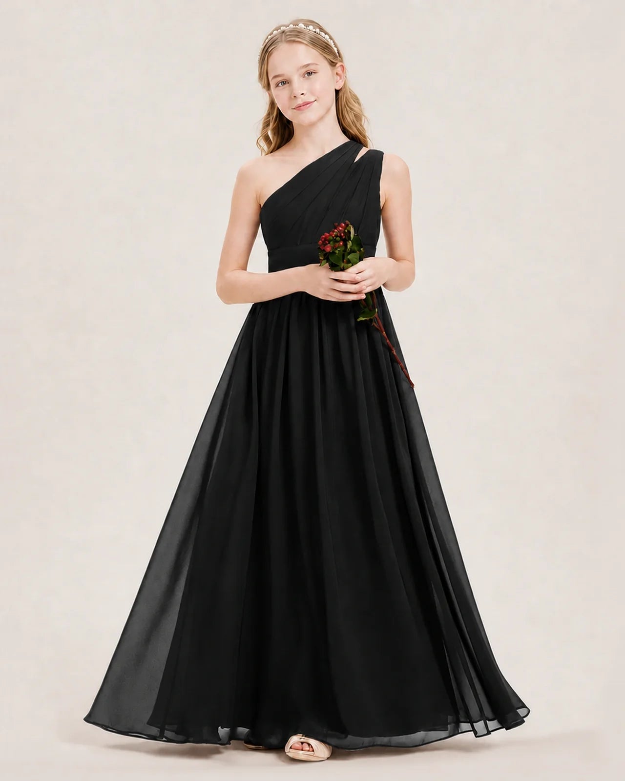 Dideyttawl One Shoulder Ruched Chiffon Junior Bridesmaid Dress