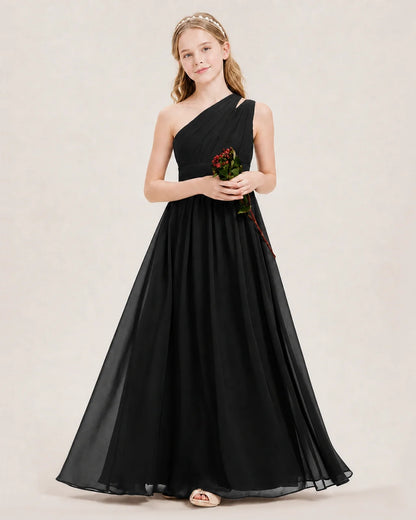 Dideyttawl One Shoulder Ruched Chiffon Junior Bridesmaid Dress