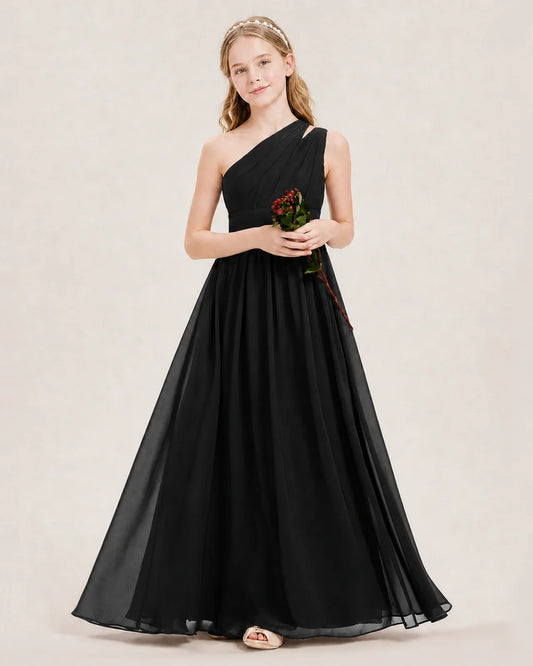 Black Chiffon One-Shoulder Junior Bridesmaid Dresses Front View