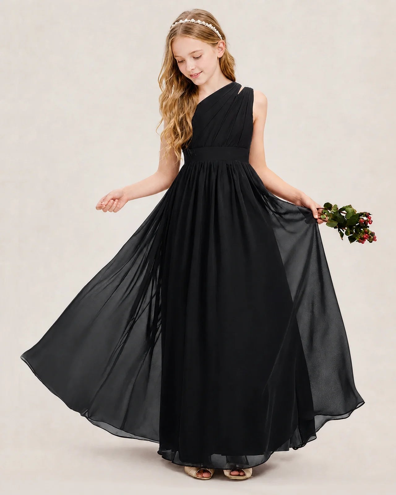 Dideyttawl One Shoulder Ruched Chiffon Junior Bridesmaid Dress