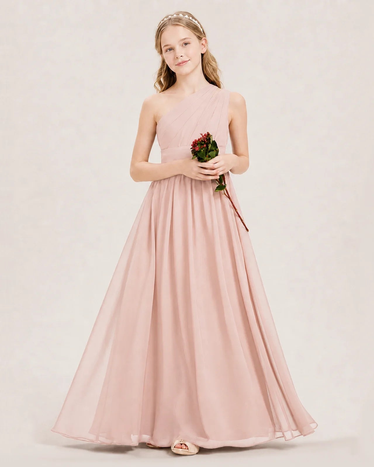 Dideyttawl One Shoulder Ruched Chiffon Junior Bridesmaid Dress