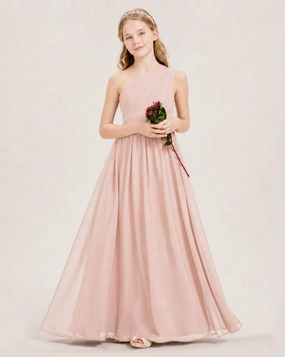 Dideyttawl One Shoulder Ruched Chiffon Junior Bridesmaid Dress