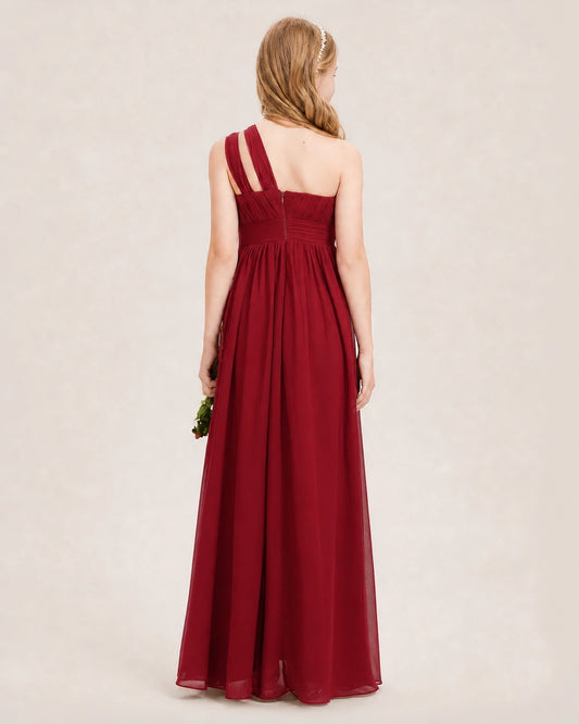 Burgundy chiffon one-shoulder junior bridesmaid dress, back view