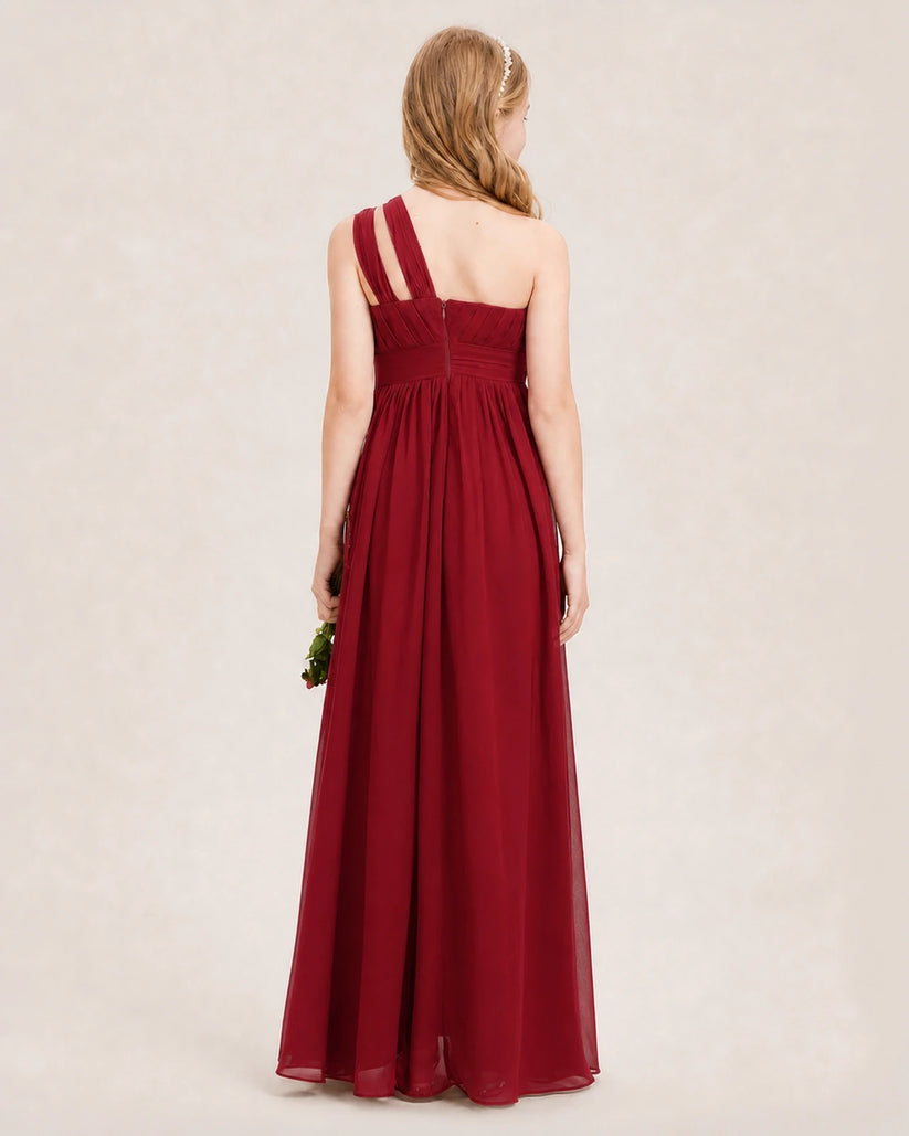 Burgundy chiffon one-shoulder junior bridesmaid dress, back view
