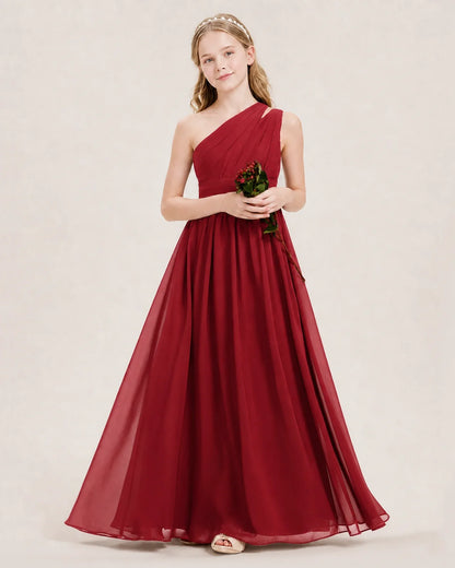 Dideyttawl One Shoulder Ruched Chiffon Junior Bridesmaid Dress