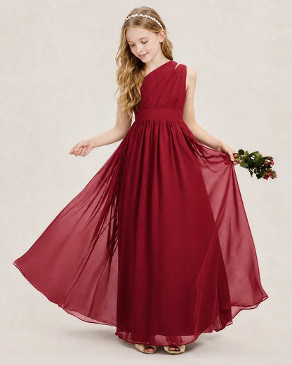 Dideyttawl One Shoulder Ruched Chiffon Junior Bridesmaid Dress