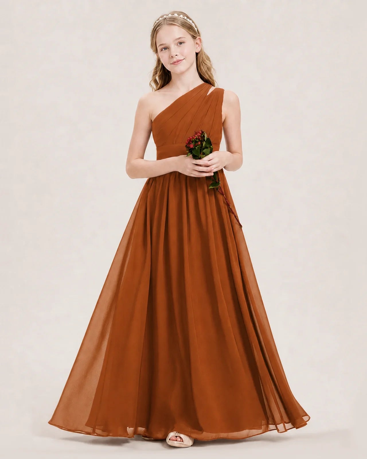 Dideyttawl One Shoulder Ruched Chiffon Junior Bridesmaid Dress