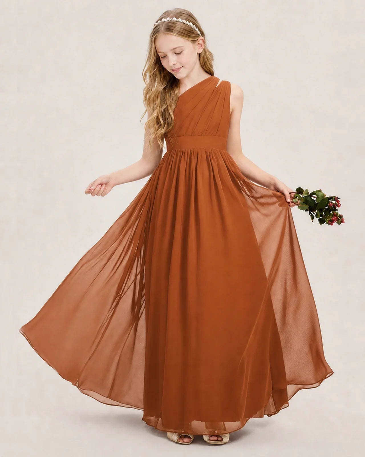 Dideyttawl One Shoulder Ruched Chiffon Junior Bridesmaid Dress