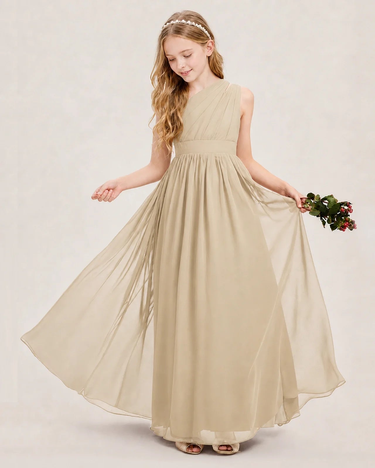 Dideyttawl One Shoulder Ruched Chiffon Junior Bridesmaid Dress