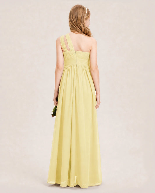 Daffodil Chiffon One-Shoulder Junior Bridesmaid Dresses Back View