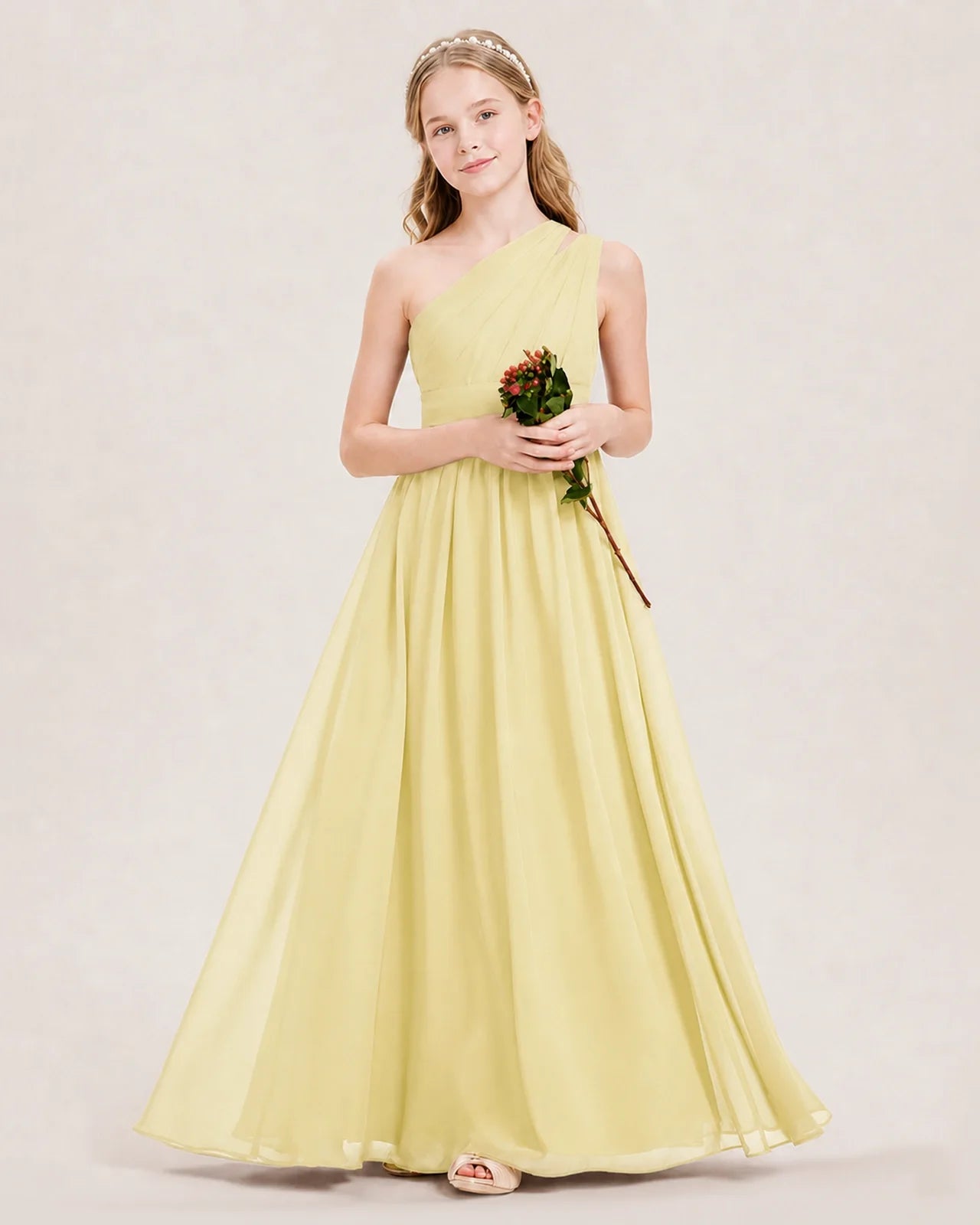 Dideyttawl One Shoulder Ruched Chiffon Junior Bridesmaid Dress