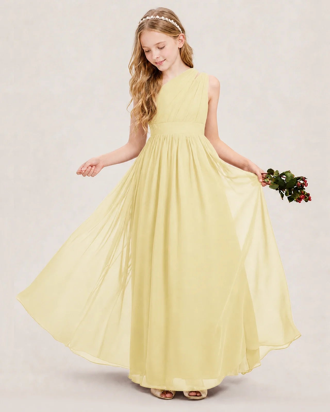 Dideyttawl One Shoulder Ruched Chiffon Junior Bridesmaid Dress