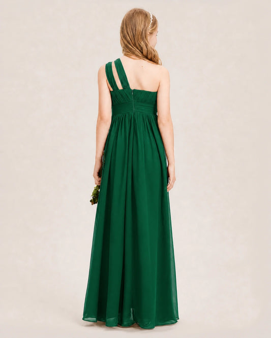 Dark Green Chiffon One-Shoulder Junior Bridesmaid Dresses Back View