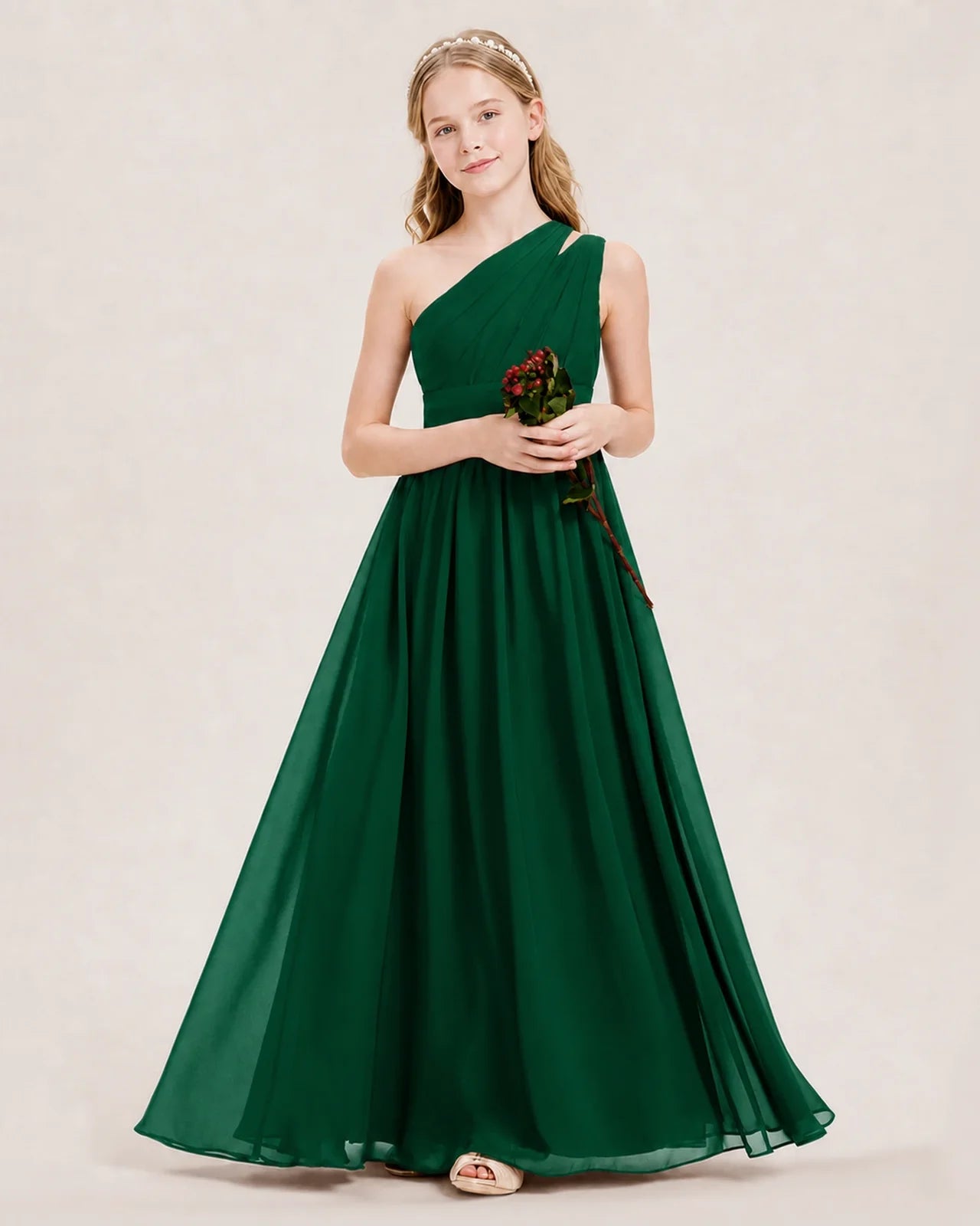 Dideyttawl One Shoulder Ruched Chiffon Junior Bridesmaid Dress