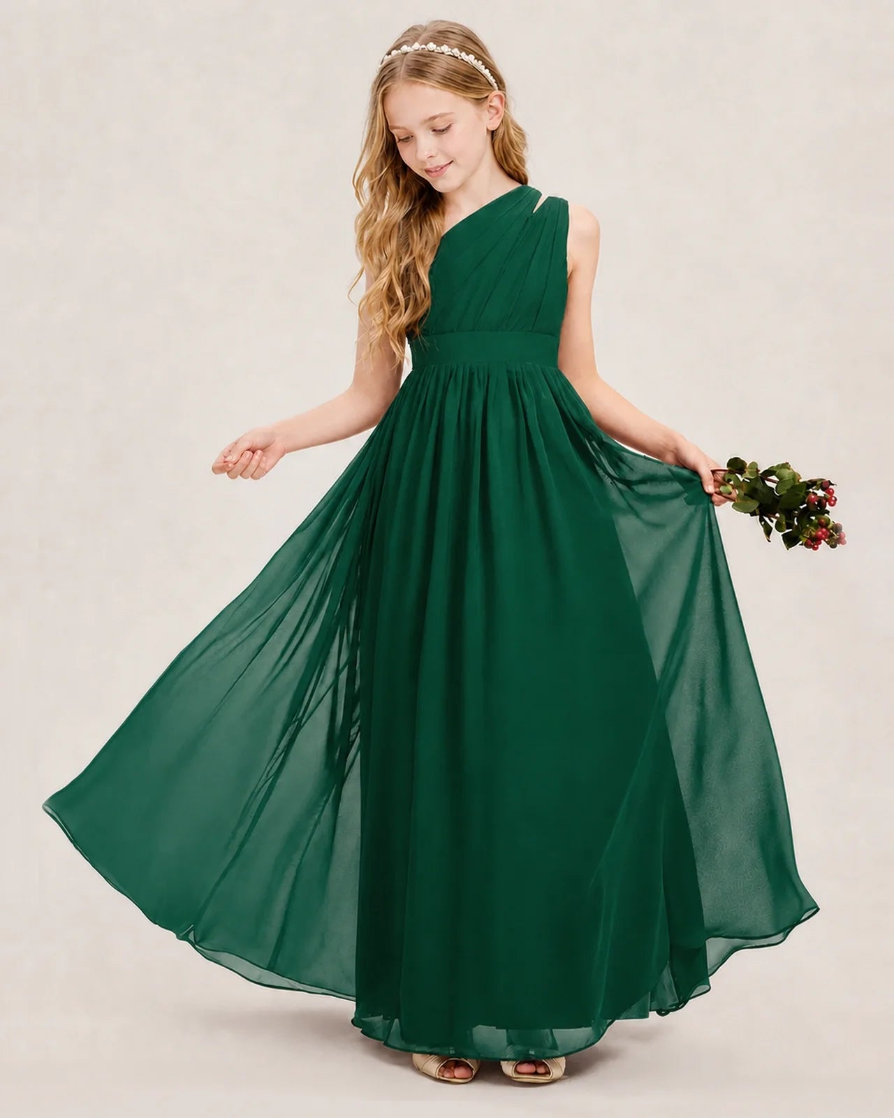 Dideyttawl One Shoulder Ruched Chiffon Junior Bridesmaid Dress