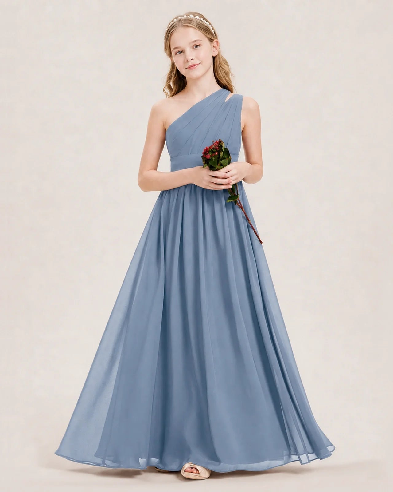 Dideyttawl One Shoulder Ruched Chiffon Junior Bridesmaid Dress