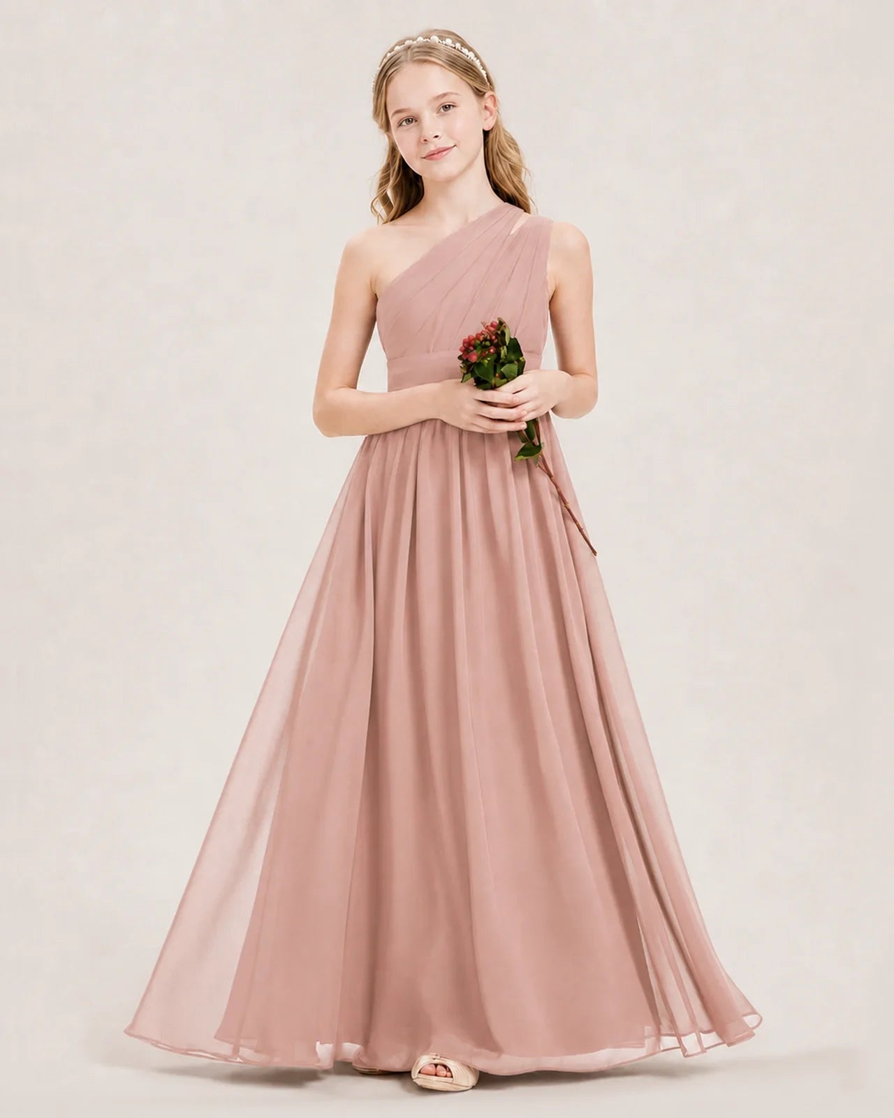 Dideyttawl One Shoulder Ruched Chiffon Junior Bridesmaid Dress