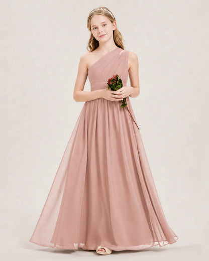 Dideyttawl One Shoulder Ruched Chiffon Junior Bridesmaid Dress