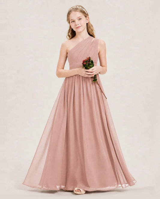 Dusty Rose Chiffon One-Shoulder Junior Bridesmaid Dresses Front View