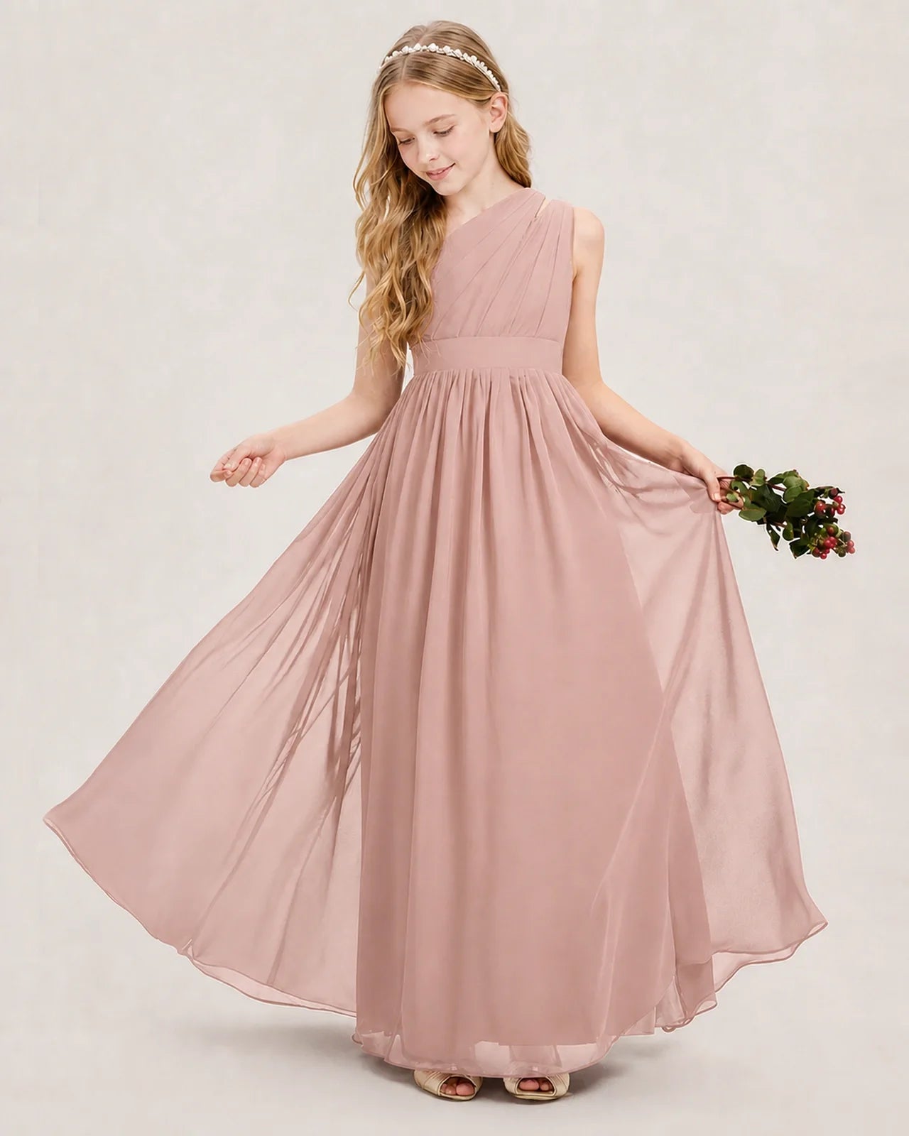 Dideyttawl One Shoulder Ruched Chiffon Junior Bridesmaid Dress