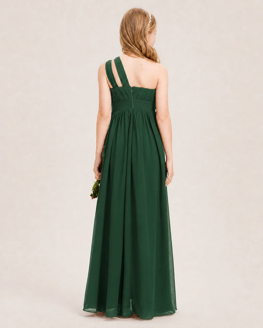 Emerald Green Chiffon One-Shoulder Junior Bridesmaid Dresses Back View