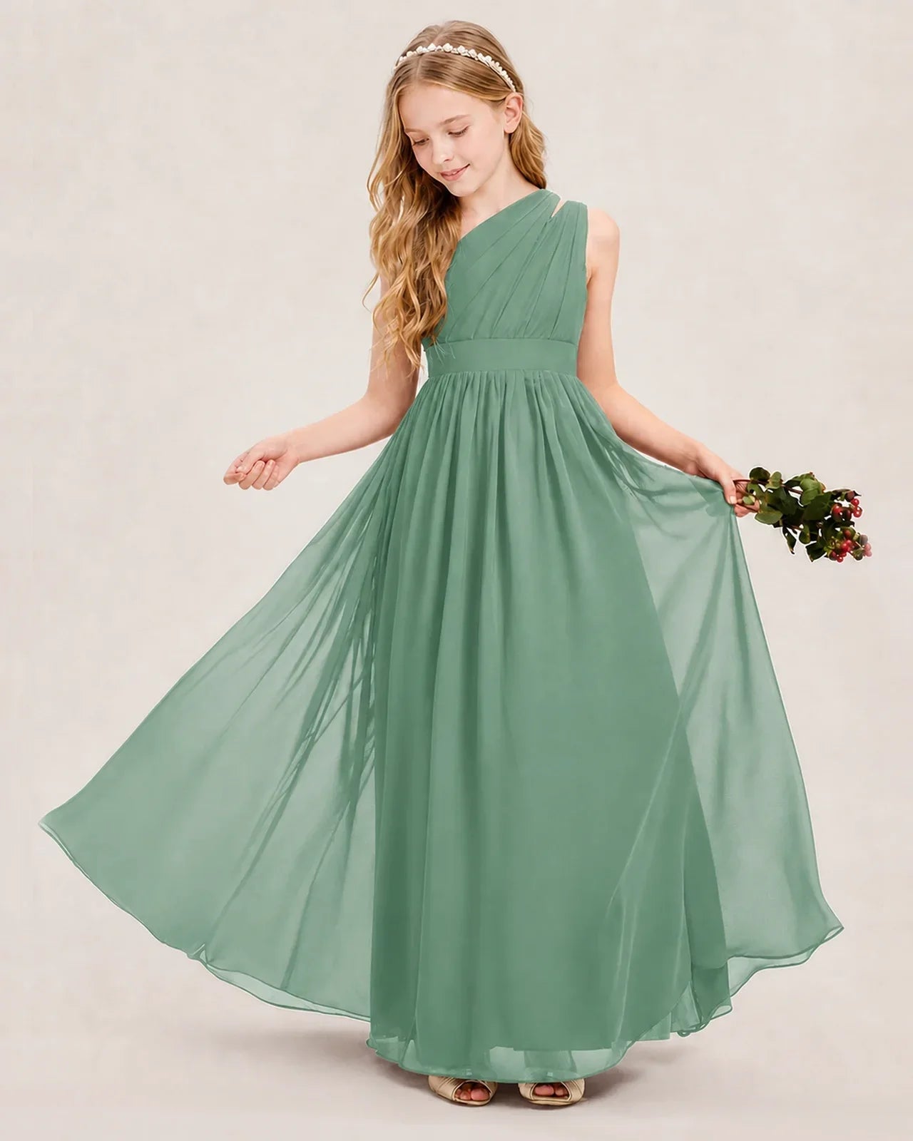 Dideyttawl One Shoulder Ruched Chiffon Junior Bridesmaid Dress