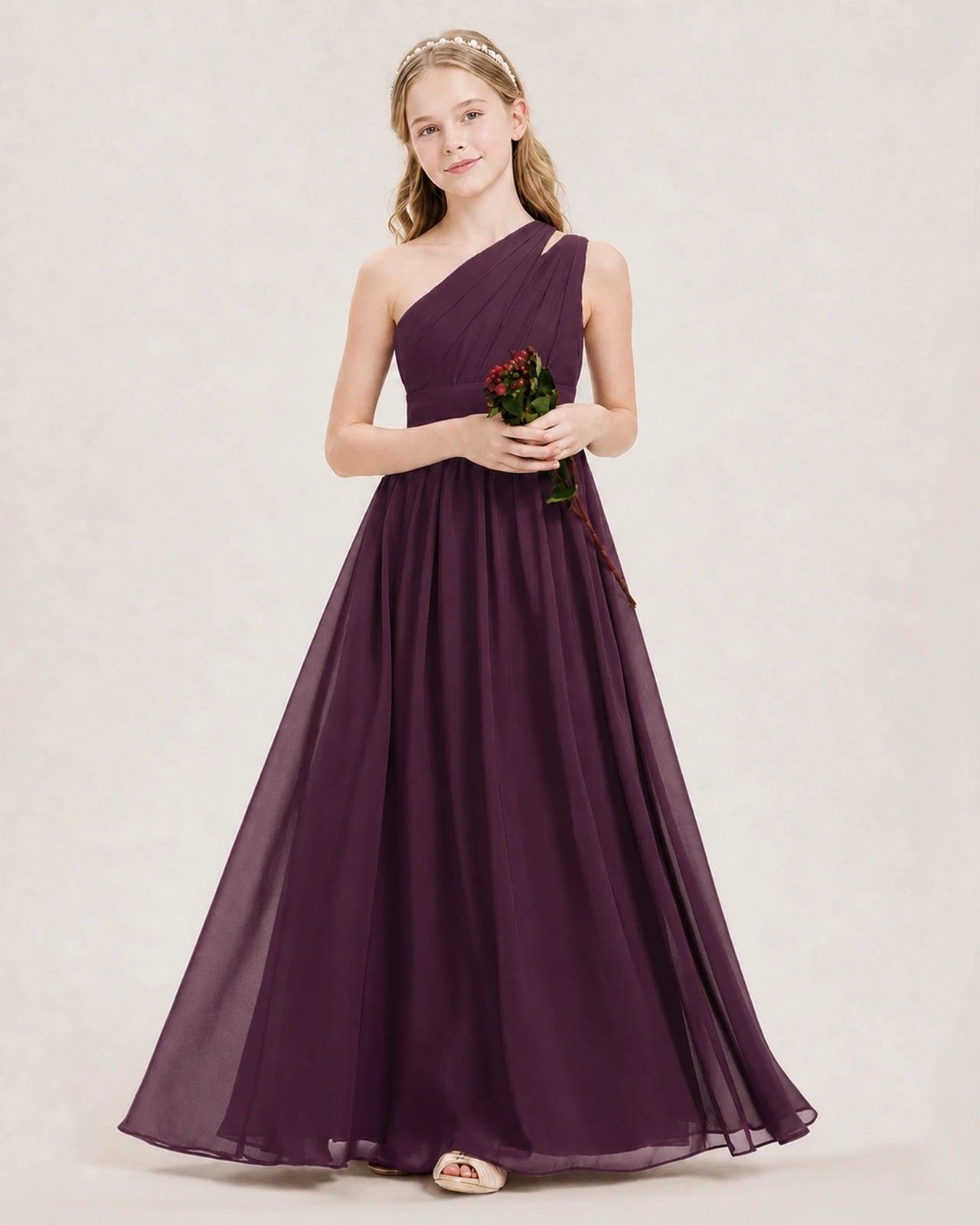 Dideyttawl One Shoulder Ruched Chiffon Junior Bridesmaid Dress