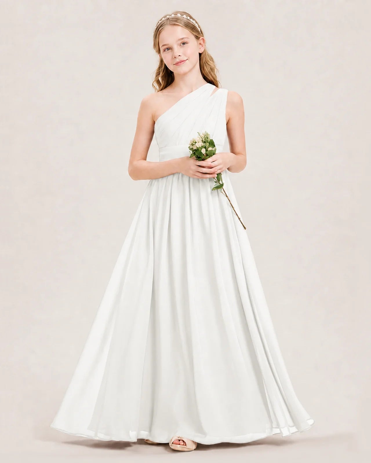 Dideyttawl One Shoulder Ruched Chiffon Junior Bridesmaid Dress