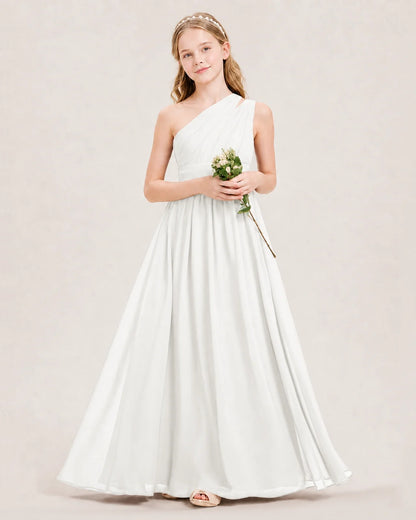 Dideyttawl One Shoulder Ruched Chiffon Junior Bridesmaid Dress