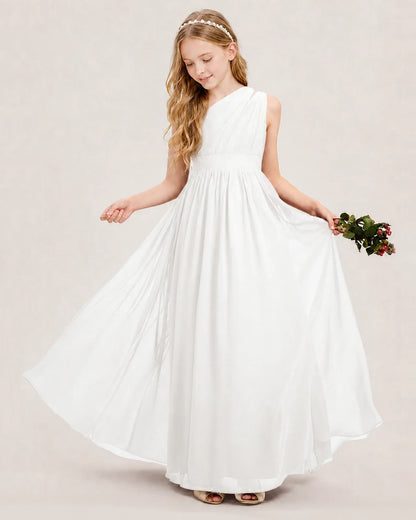 Dideyttawl One Shoulder Ruched Chiffon Junior Bridesmaid Dress