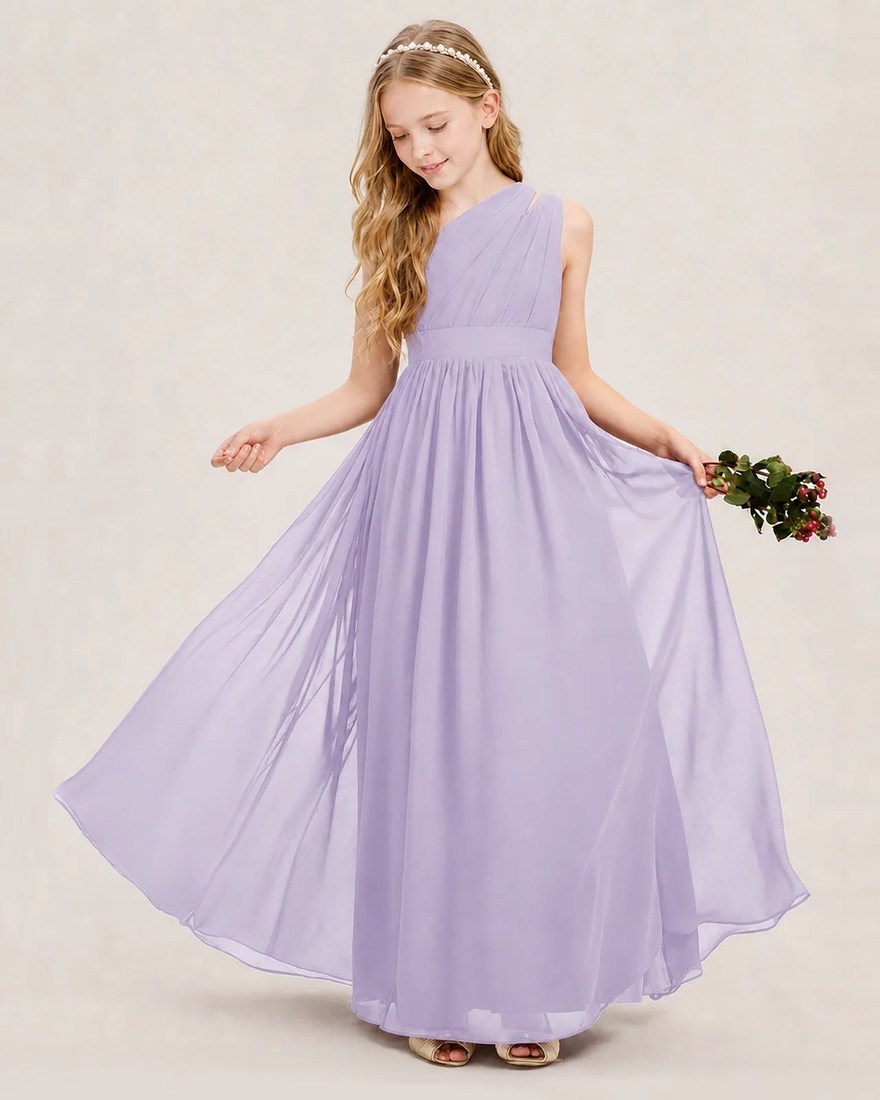 Dideyttawl One Shoulder Ruched Chiffon Junior Bridesmaid Dress