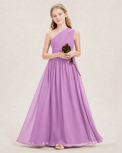 Dideyttawl One Shoulder Ruched Chiffon Junior Bridesmaid Dress