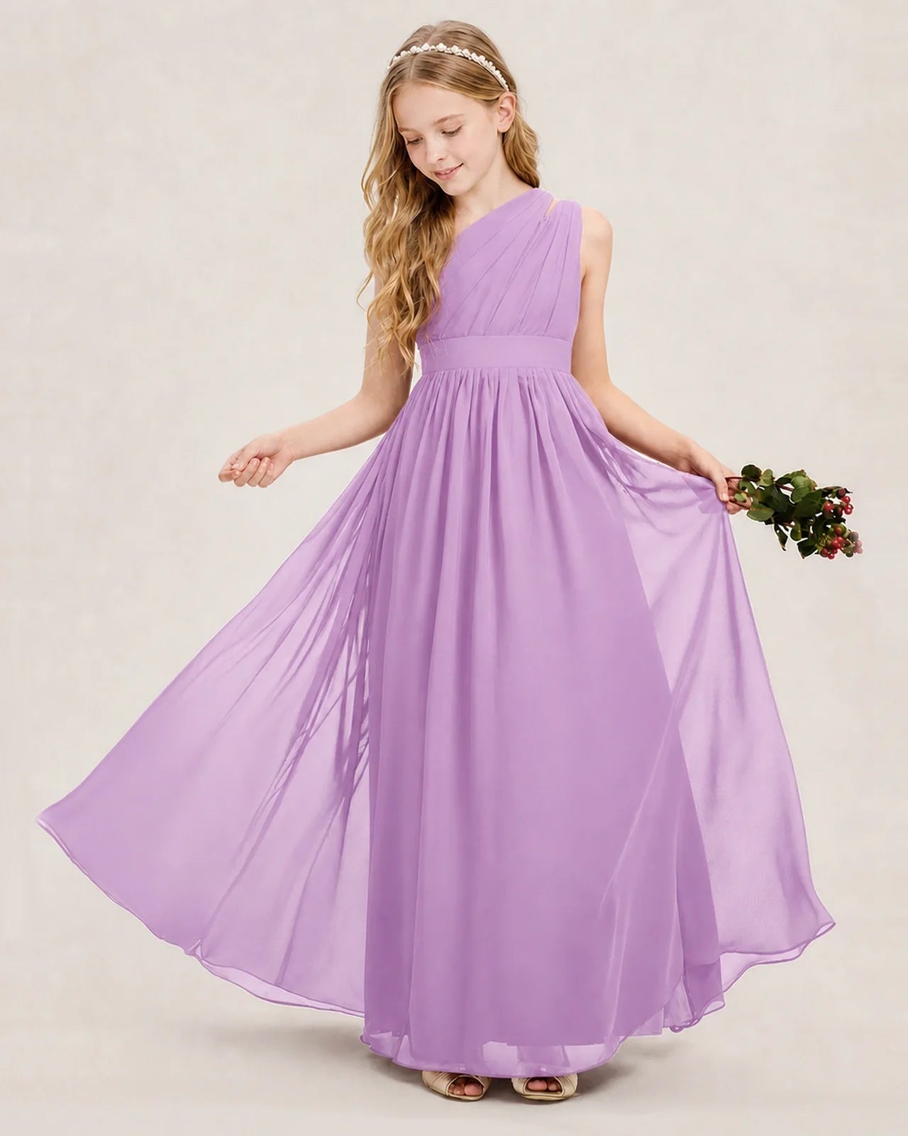 Dideyttawl One Shoulder Ruched Chiffon Junior Bridesmaid Dress