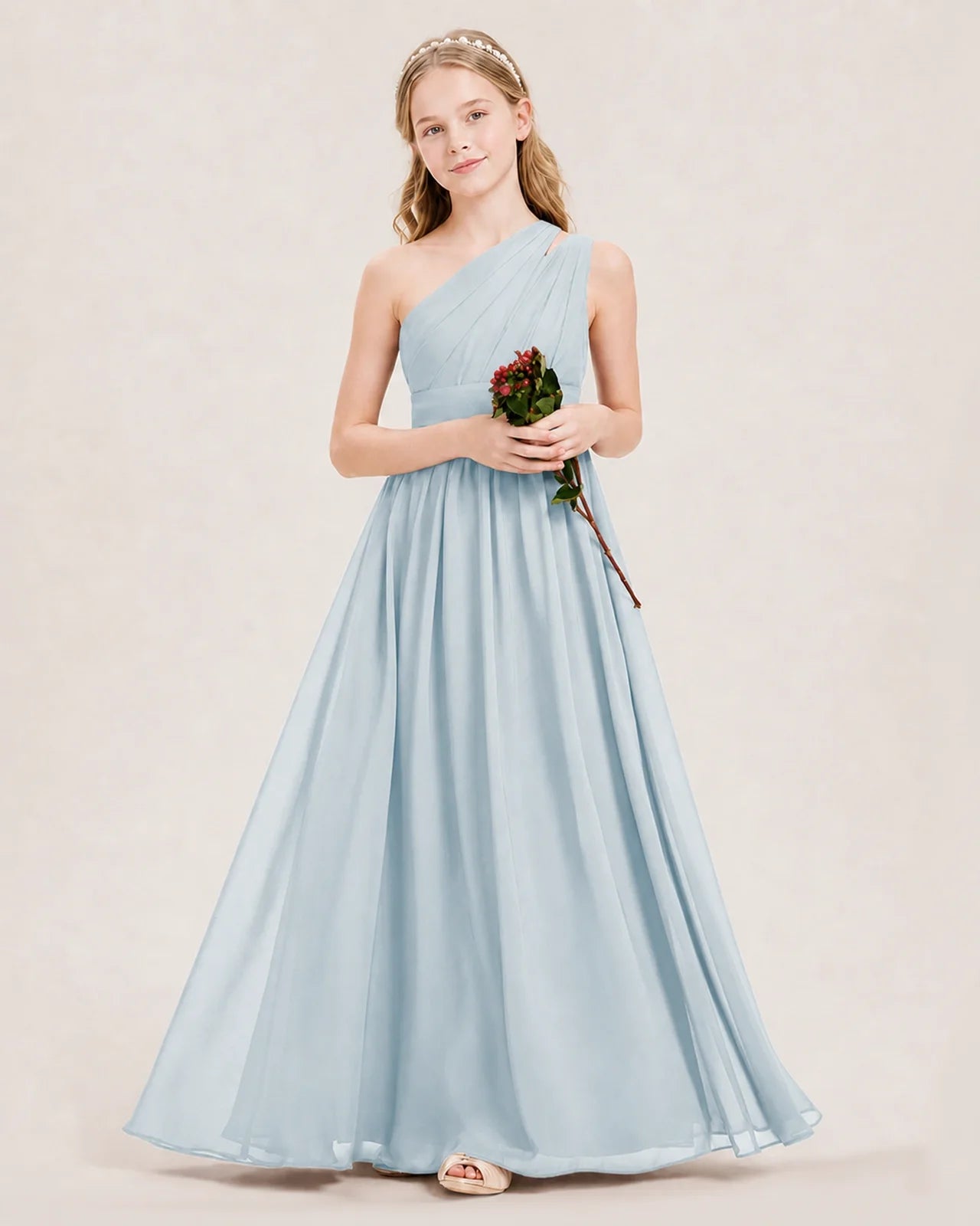 Dideyttawl One Shoulder Ruched Chiffon Junior Bridesmaid Dress