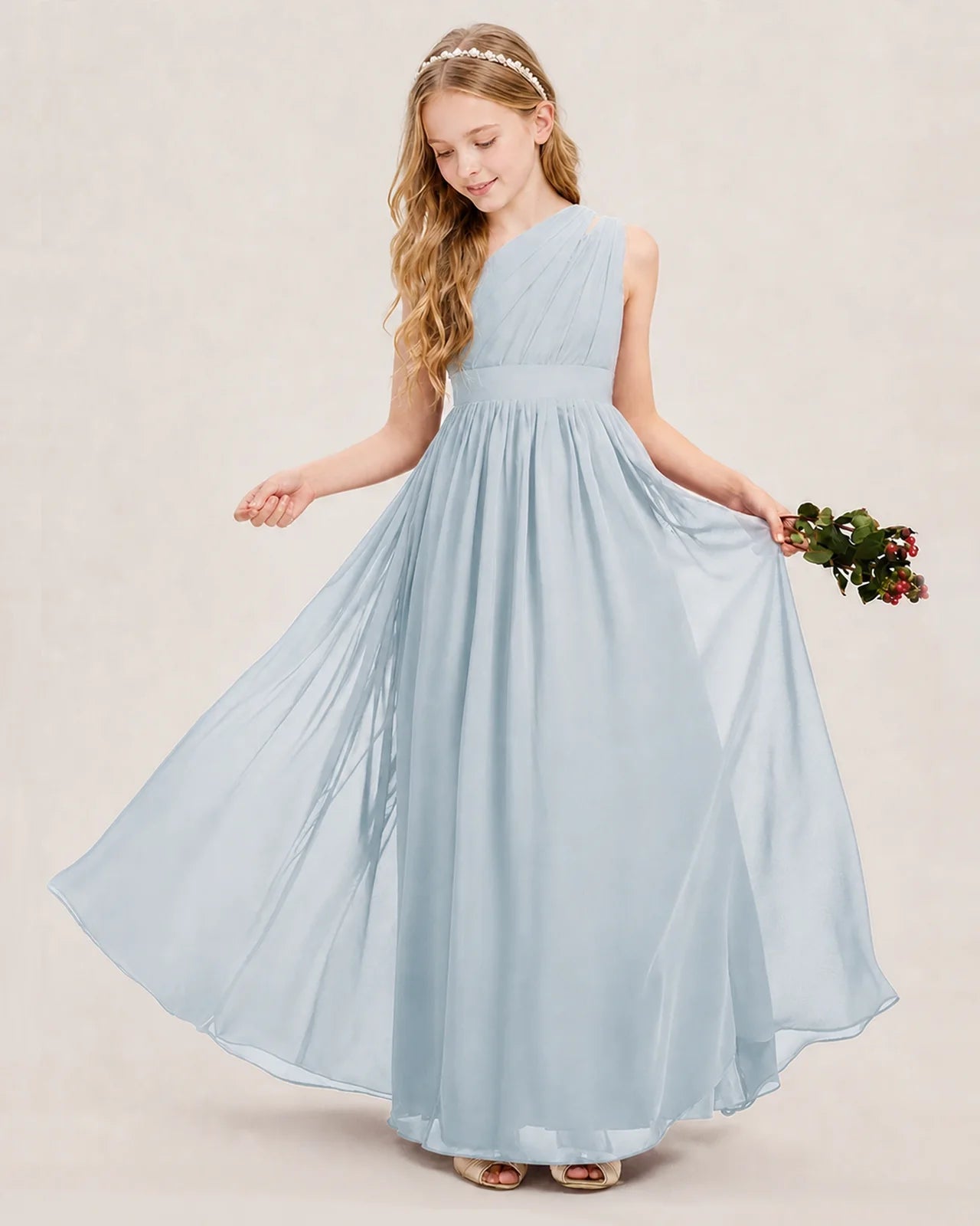 Dideyttawl One Shoulder Ruched Chiffon Junior Bridesmaid Dress