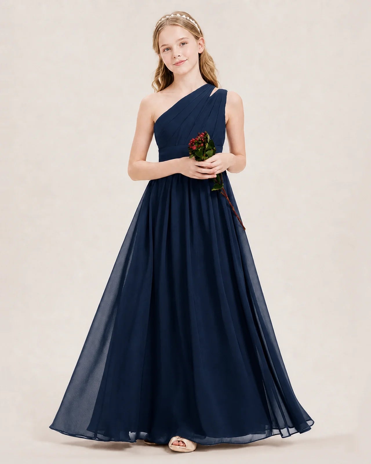 Dideyttawl One Shoulder Ruched Chiffon Junior Bridesmaid Dress