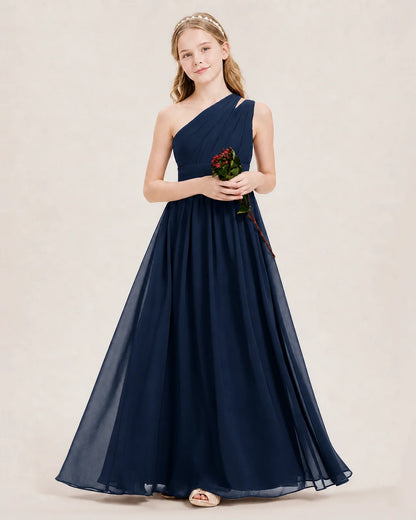 Dideyttawl One Shoulder Ruched Chiffon Junior Bridesmaid Dress