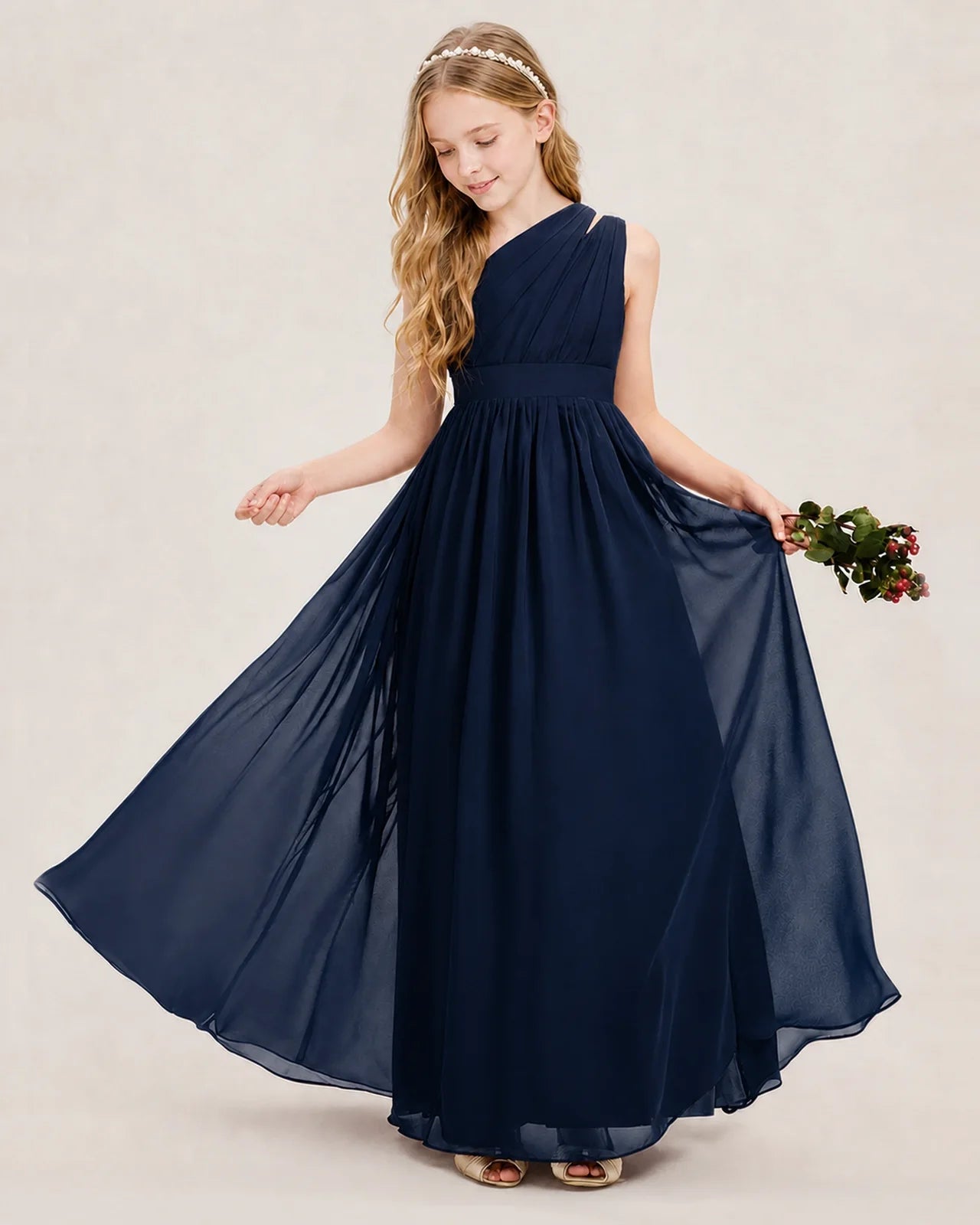 Dideyttawl One Shoulder Ruched Chiffon Junior Bridesmaid Dress