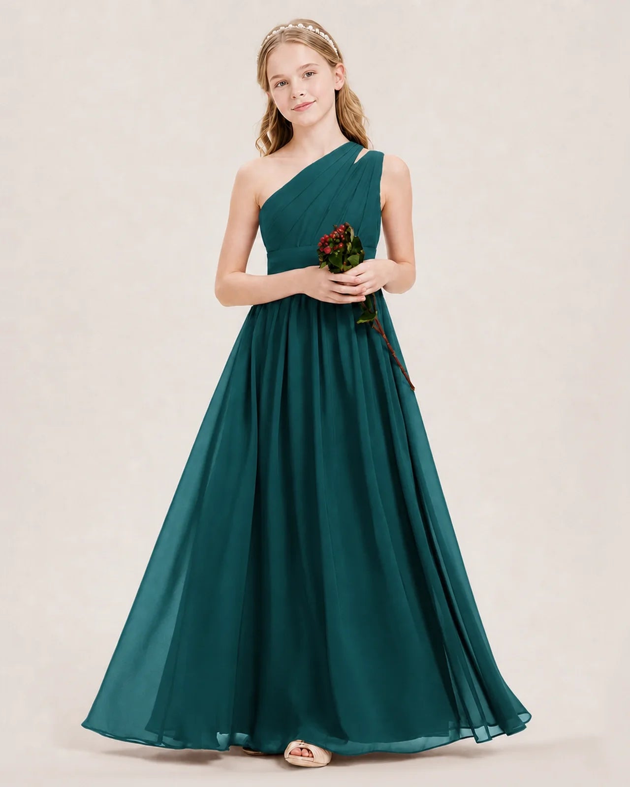 Dideyttawl One Shoulder Ruched Chiffon Junior Bridesmaid Dress