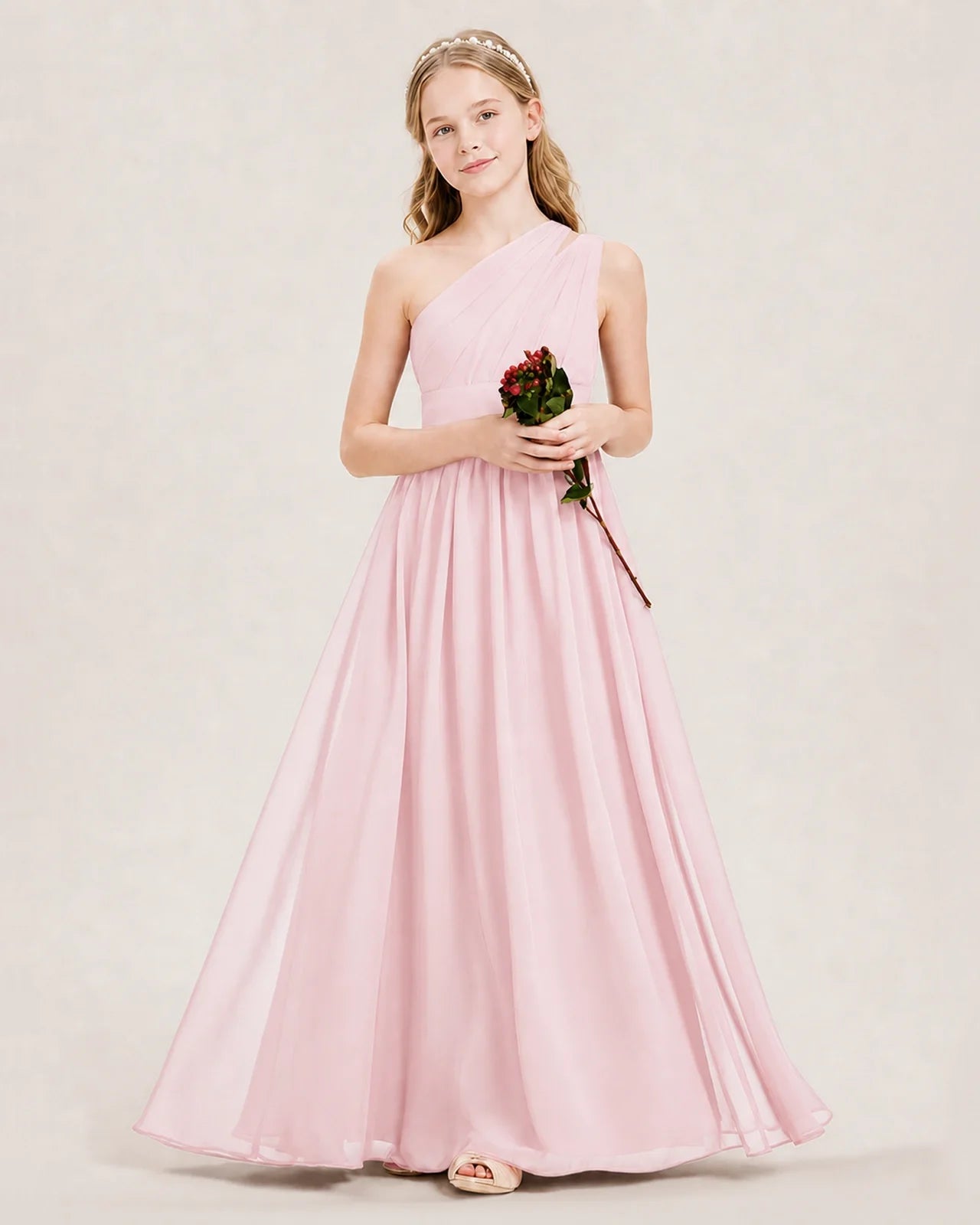 Dideyttawl One Shoulder Ruched Chiffon Junior Bridesmaid Dress