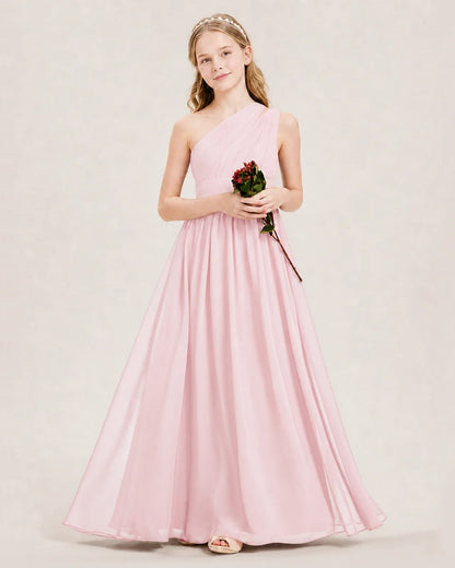 Dideyttawl One Shoulder Ruched Chiffon Junior Bridesmaid Dress