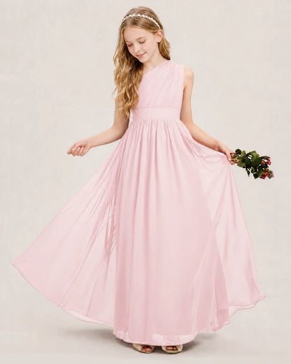 Dideyttawl One Shoulder Ruched Chiffon Junior Bridesmaid Dress