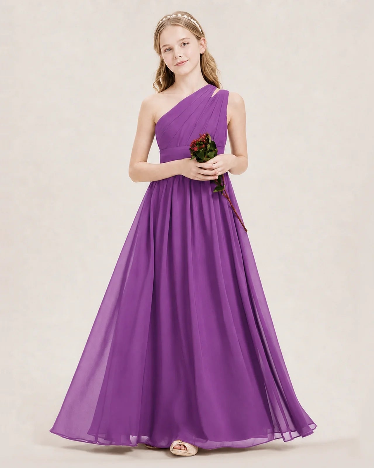 Dideyttawl One Shoulder Ruched Chiffon Junior Bridesmaid Dress