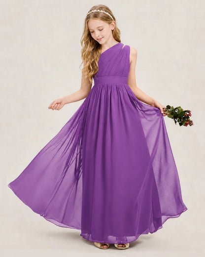 Dideyttawl One Shoulder Ruched Chiffon Junior Bridesmaid Dress