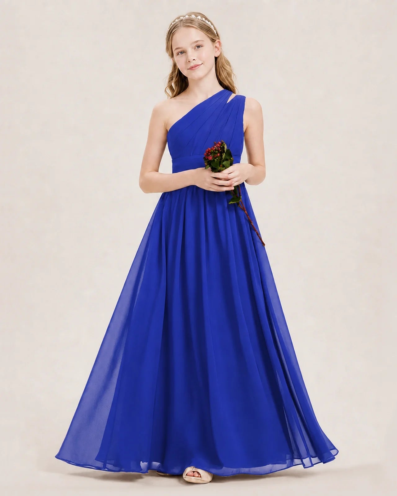 Dideyttawl One Shoulder Ruched Chiffon Junior Bridesmaid Dress