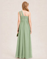 Sage Green Chiffon One-Shoulder Junior Bridesmaid Dress Back View